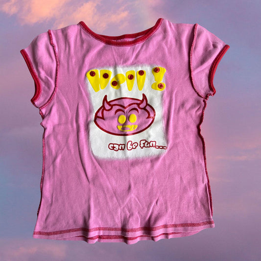 Vintage 90's "Hell Can Be Fun" Pink Baby Tee with Red Contrast Stitching (S/M)