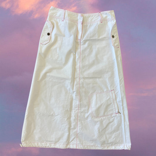 Vintage 90's Techwear White Parachute Cargo Maxi Skirt with Pink Contrast Stitching (38 EU / UK 10 / US 6)