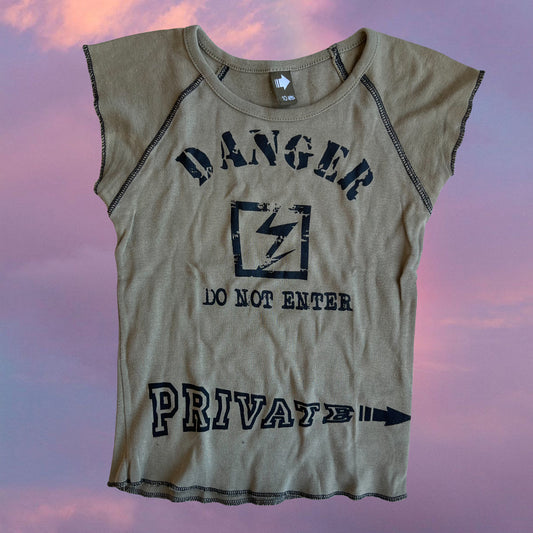 Vintage 90's Skater "Danger" Khaki Graphic Baby Tee (XS/S)