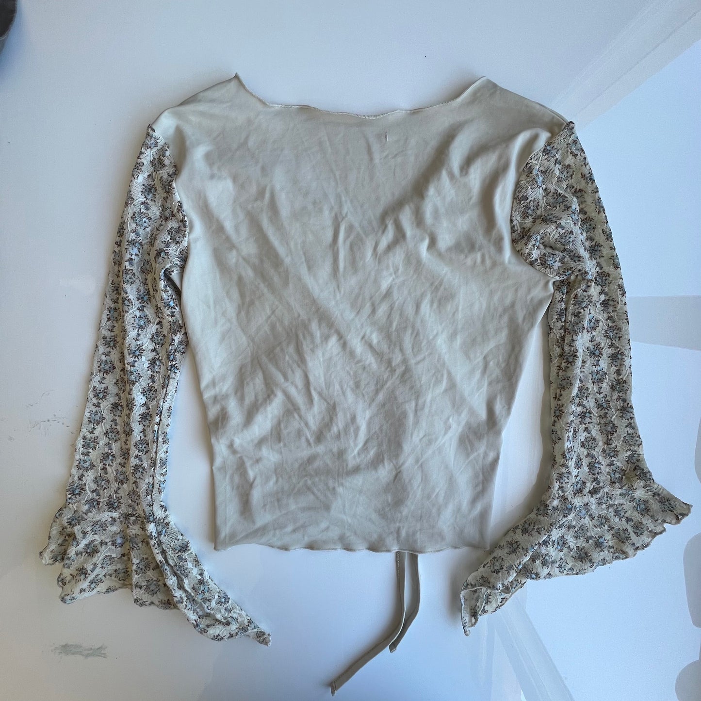 Vintage 90's Fairy Hippie Beige Top with Floral Mesh Sleeves and Drawstring Detail (S/M)