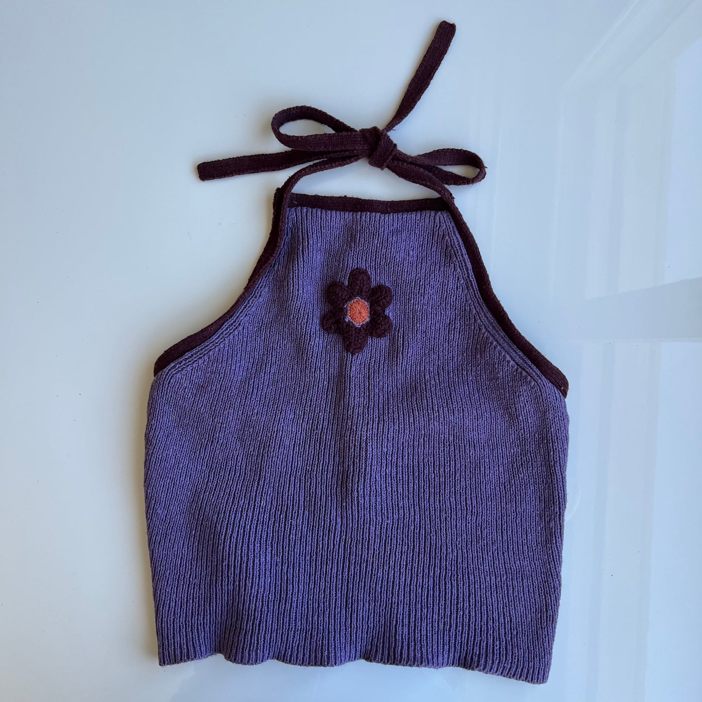 Vintage 90's Boho Hippie Knit Purple Halter Top with Flower Detail (S/M)