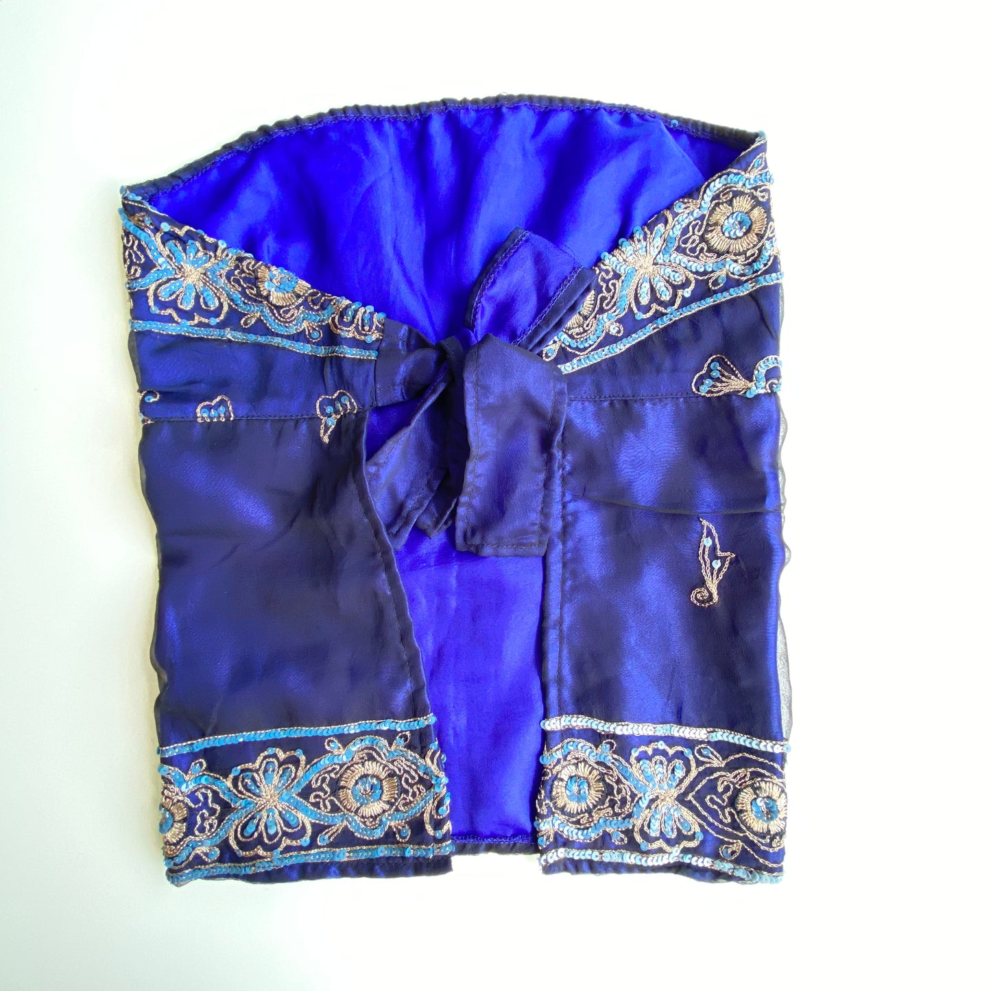 Vintage 90's Festival Blue Embroidered Silk Backless Tube Top (S/M)