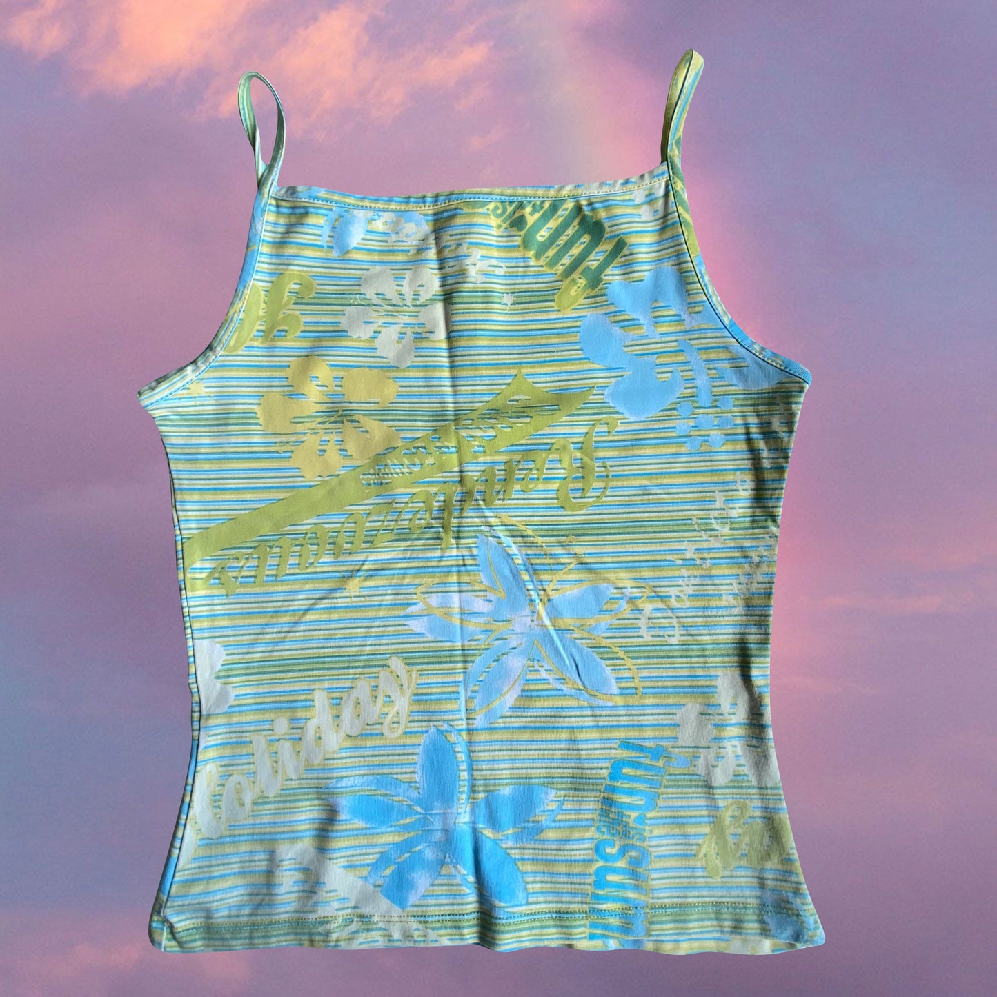 Vintage 90's Summer Holiday Green and Blue Striped High Neck Top with Hibiscus and Text Graphic (S/M)