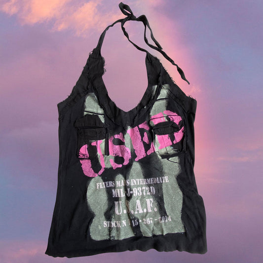 Vintage 90's Skater Grunge "Used Army" Black Halter Top (S/M)