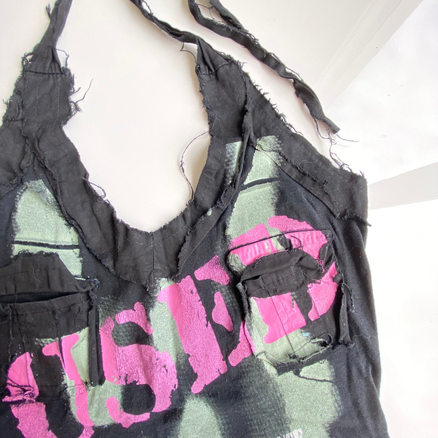 Vintage 90's Skater Grunge "Used Army" Black Halter Top (S/M)