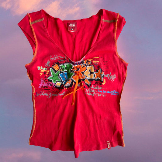 Vintage 90's Miss Sixty Graffiti Red Top (XS/S)