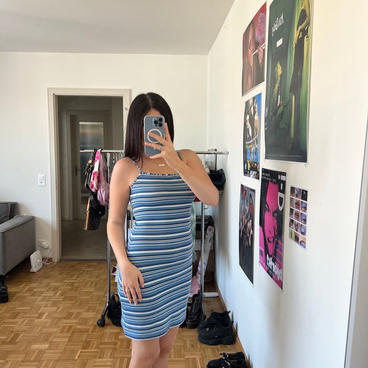 Vintage 90's Blue Striped High Neck Dress (S/M)