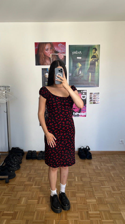 Vintage 90's Romantic Goth Black Milkmaid Dress with Red Floral (S)