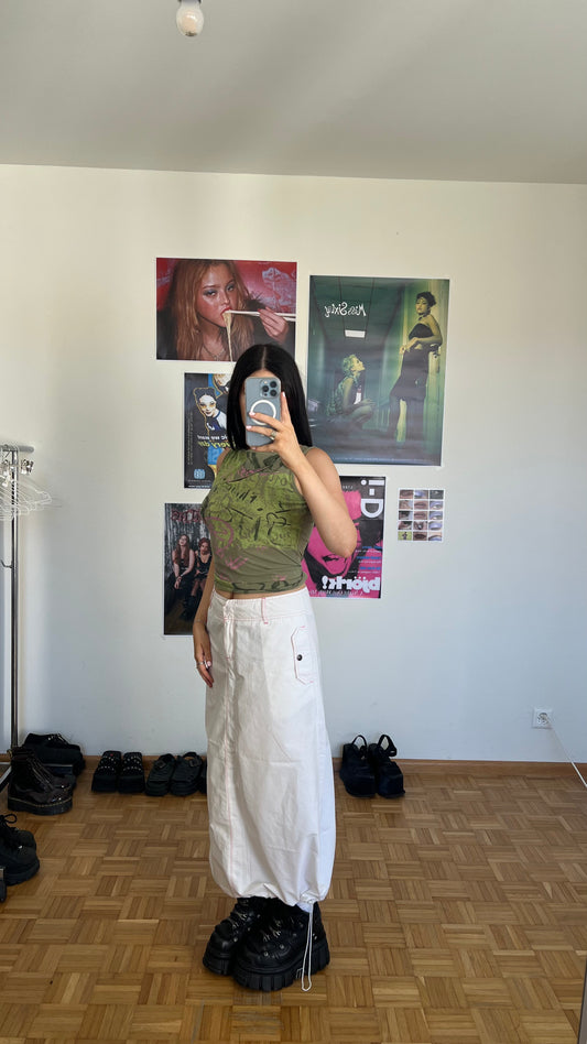 Vintage 90's Techwear White Parachute Cargo Maxi Skirt with Pink Contrast Stitching (38 EU / UK 10 / US 6)
