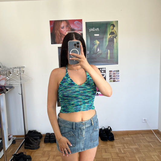 Vintage 90's Festival Blue and Green Crochet Halter Top (S)