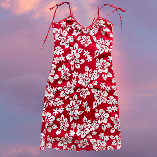 Vintage 90's Summer Holiday Red Hibiscus Dress (34 EU / UK 6 / US 4)