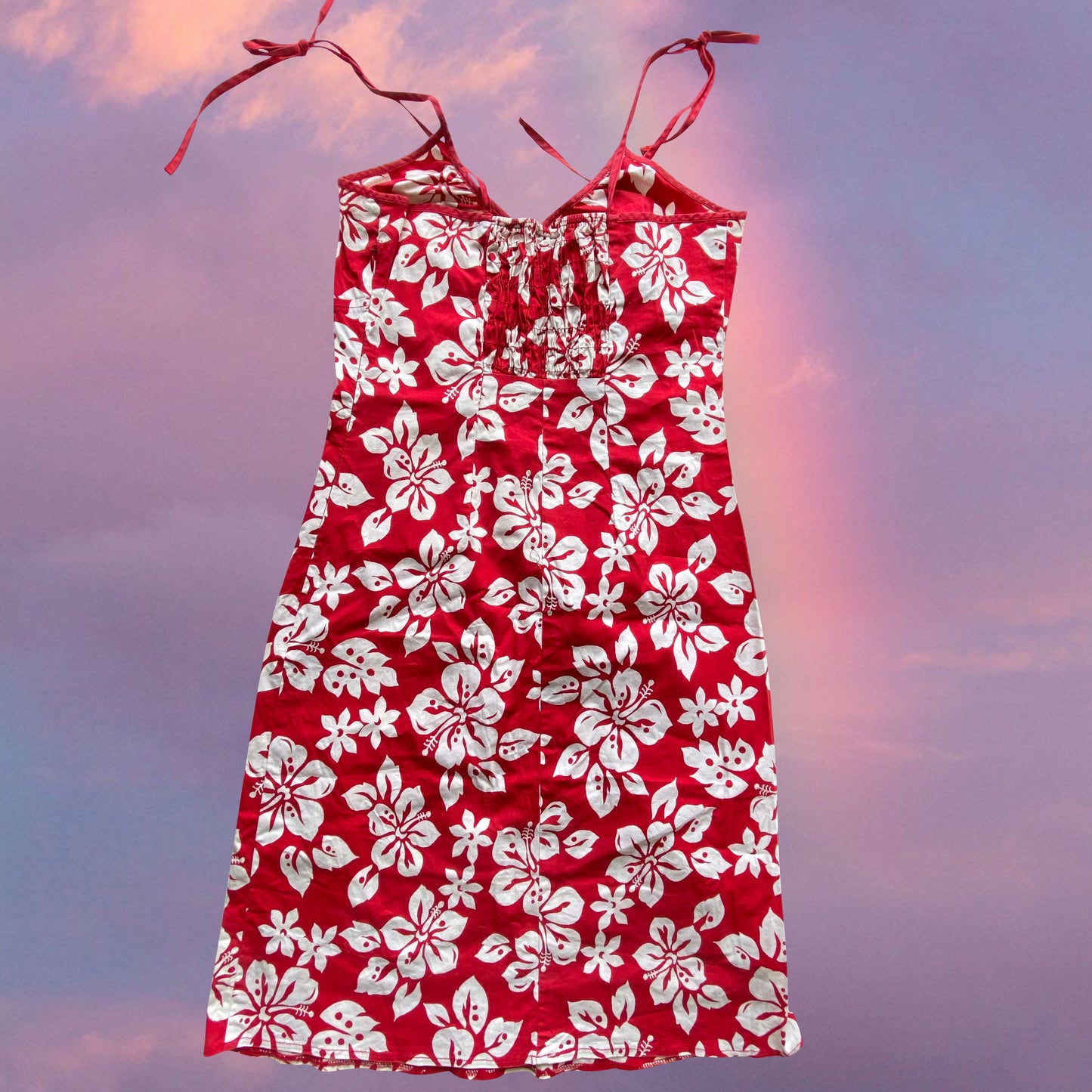 Vintage 90's Summer Holiday Red Hibiscus Dress (34 EU / UK 6 / US 4)