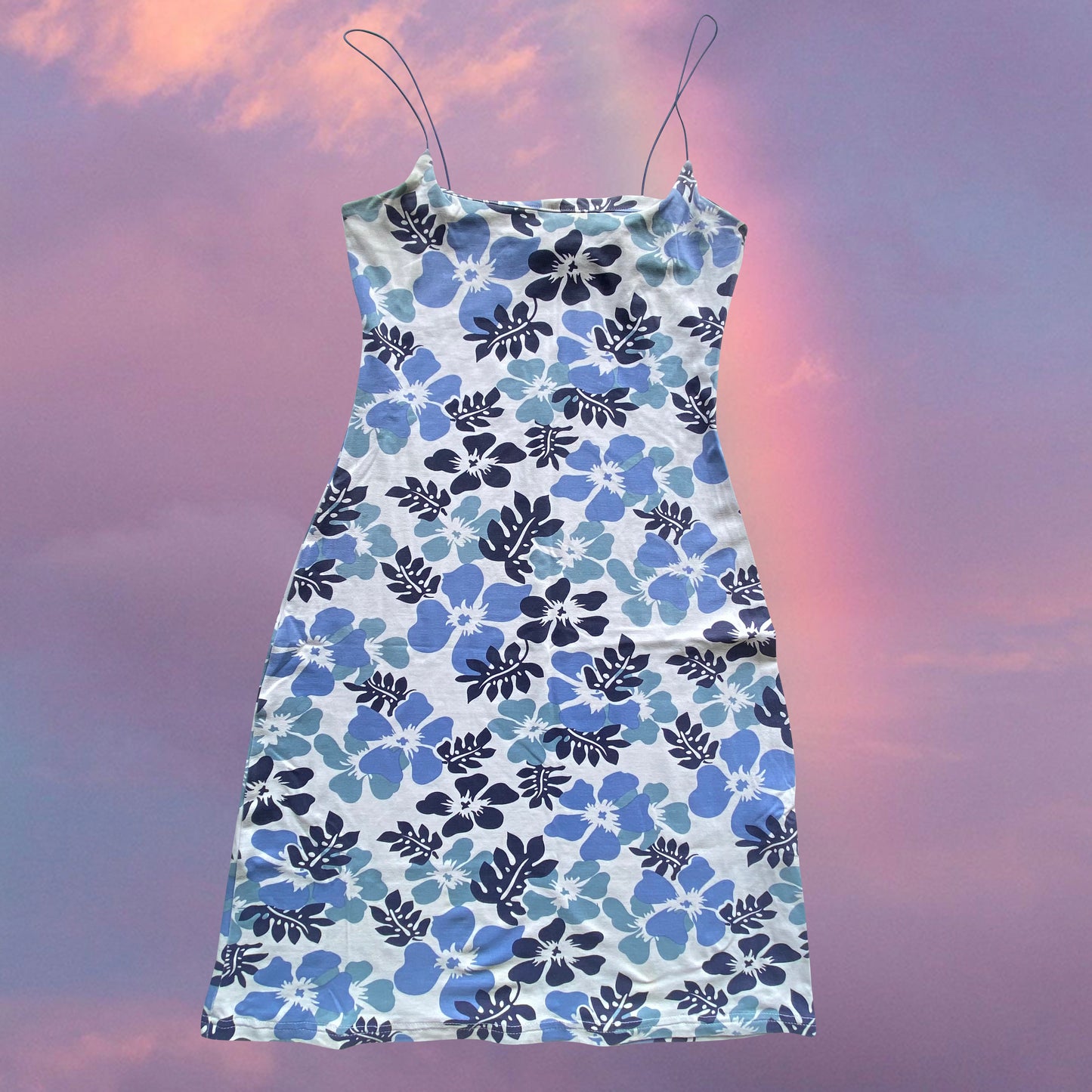 Vintage 90's Summer Blue and White Hibiscus Cami Dress (S)