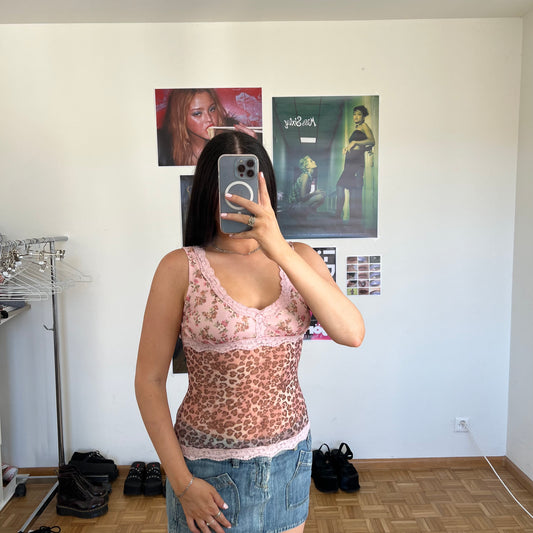 Vintage 90's Romantic Floral and Animal Print Mesh Top (S)