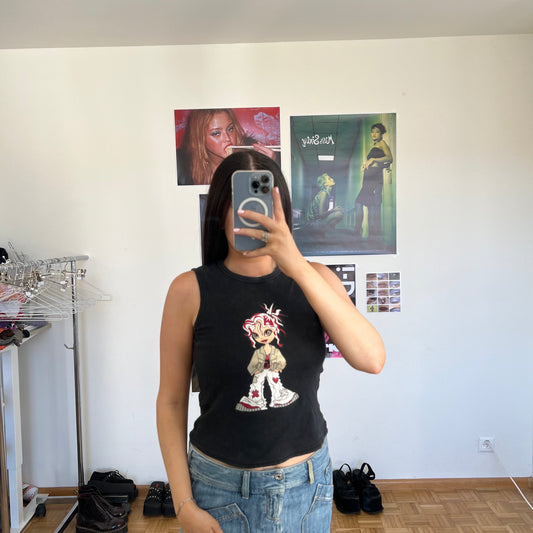 Vintage 90's Skater Black Tank Top with Girl Graphics (S)