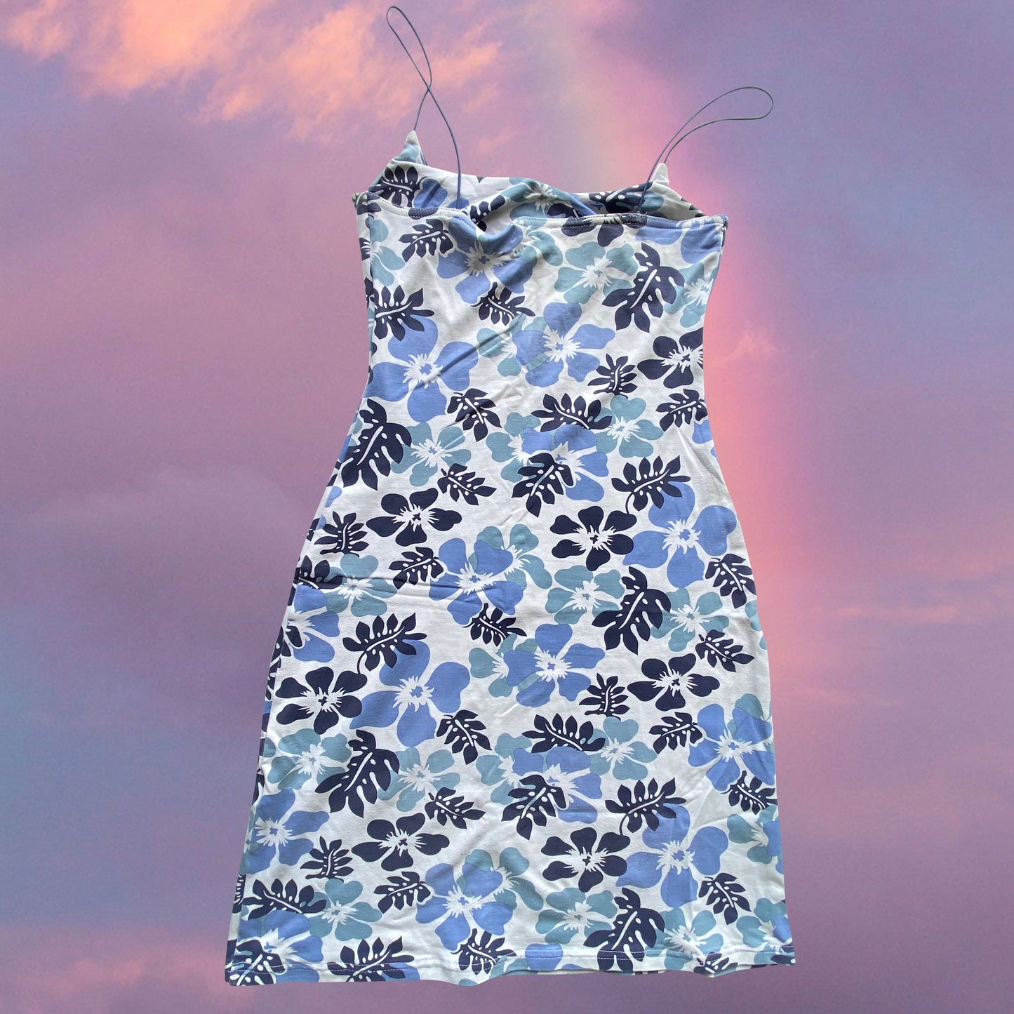 Vintage 90's Summer Blue and White Hibiscus Cami Dress (S)