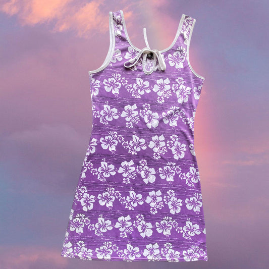 Vintage 90's Summer Holiday Purple Hibiscus Dress with Keyhole Detail (M)