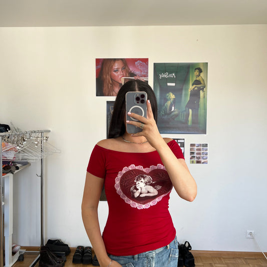 Vintage 90's Romantic Red Cupid Print Top (S/M)