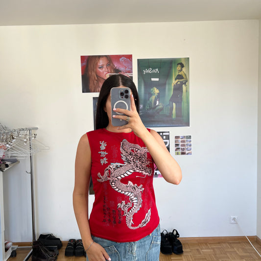 Vintage 90's Skater Red Dragon Graphic Print Tank Top (M)