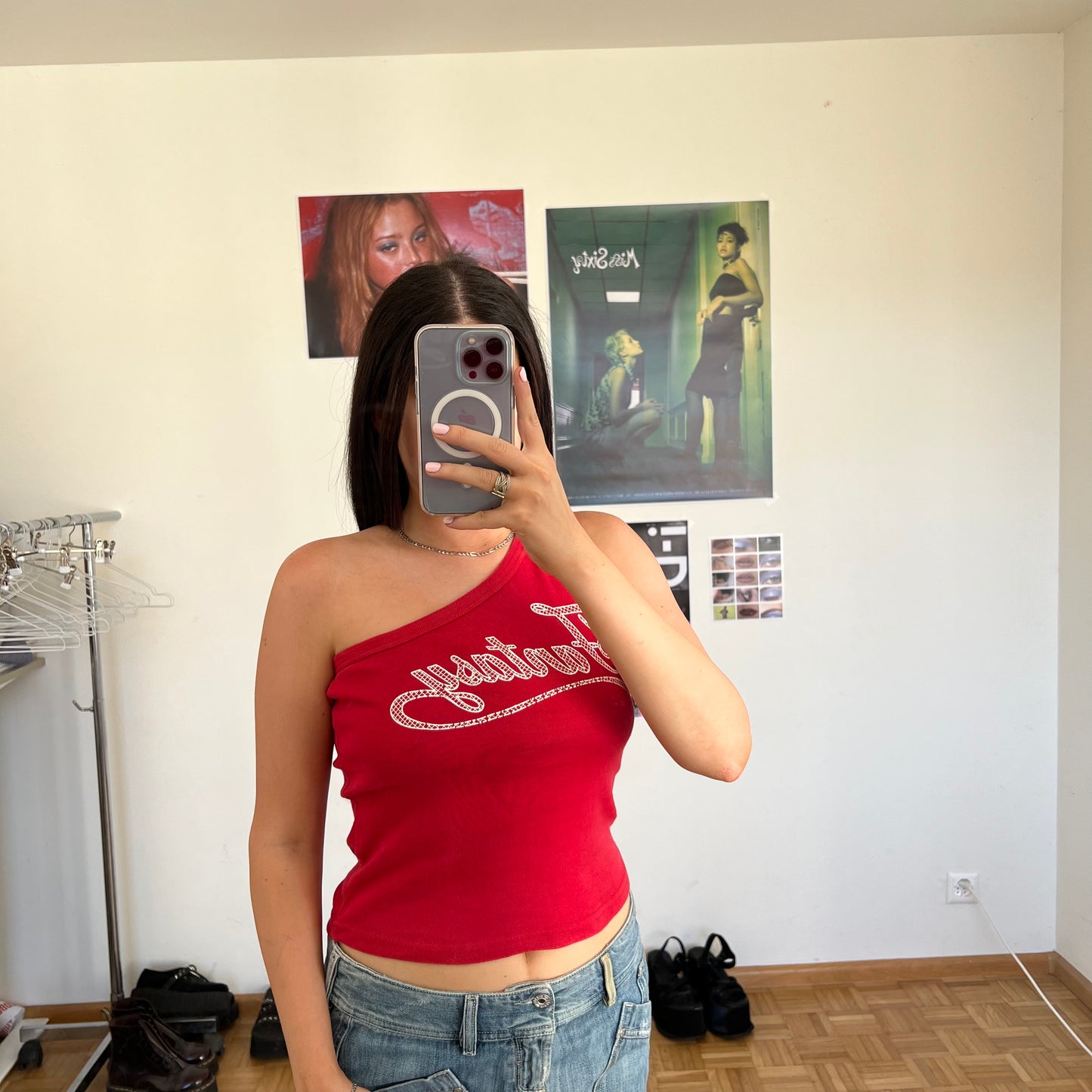 Vintage 90's Skater "Fantasy" Graphic Red One Shoulder Top (S)