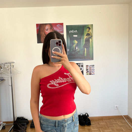 Vintage 90's Skater "Fantasy" Graphic Red One Shoulder Top (S)