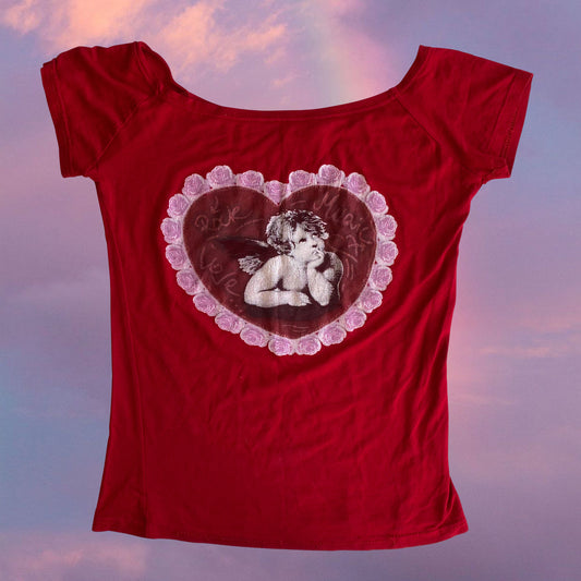 Vintage 90's Romantic Red Cupid Print Top (S/M)