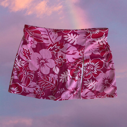 Vintage 90's Beachwear Hot Pink Hibiscus Mini Skirt (XS)