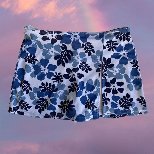 Vintage 90's Beachwear Blue Hibiscus Mini Skirt with Shorts Underneath (XS)