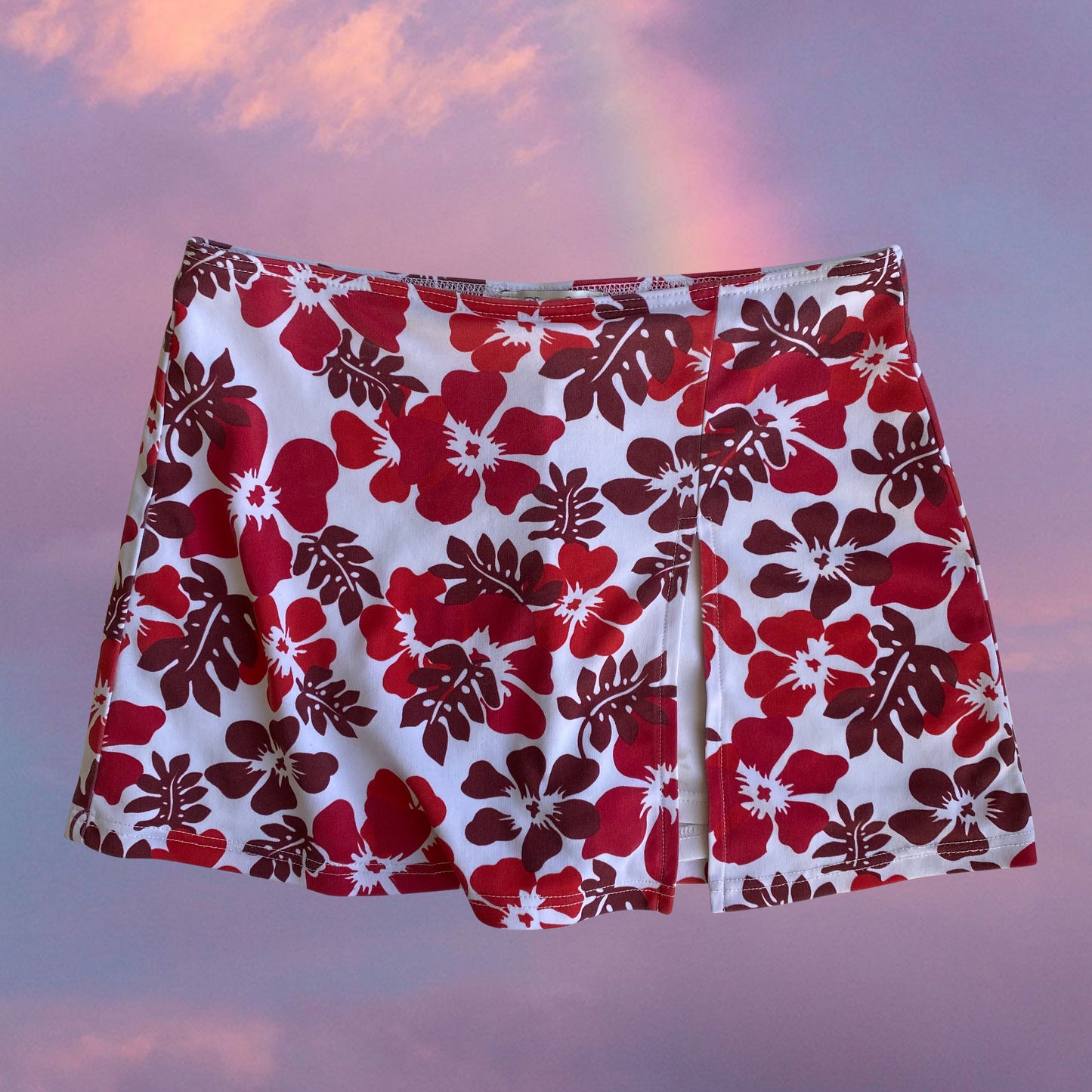 Vintage 90's Beachwear Red Hibiscus Print Mini Skirt with Shorts Underneath (XS)