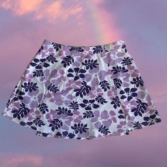 Vintage 90's Beachwear Purple Hibiscus Print Wrap Mini Skirt (XS)