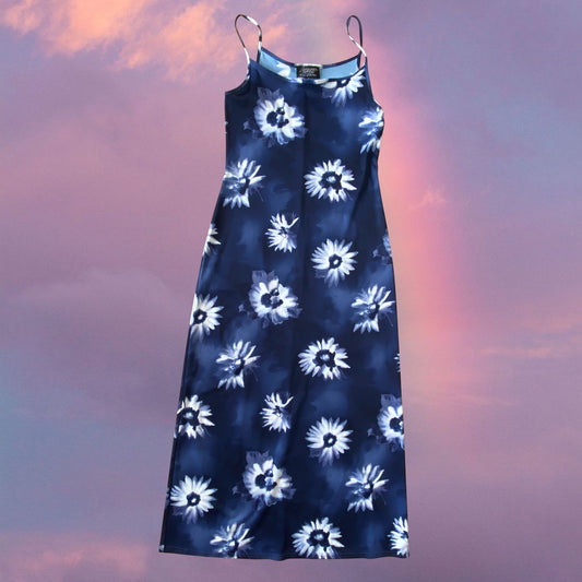 Vintage 90's Phoebe Buffay Hippie Blue Sunflower Maxi Dress (M)