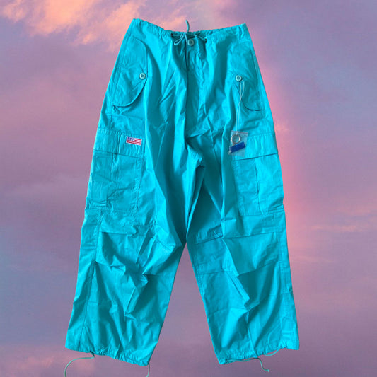 Vintage 90's Archive Aqua Blue Parachute Baggy Cargo Pants (XS-S)