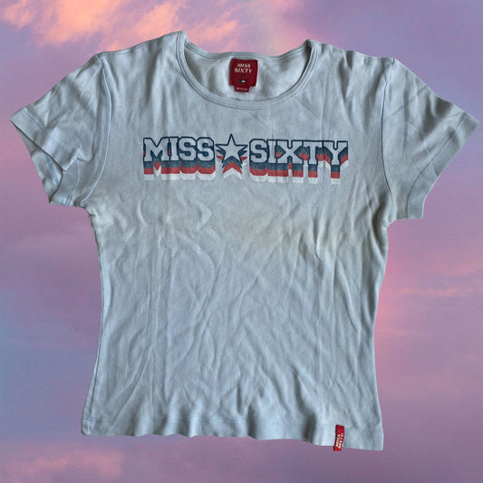 Vintage 90's Miss Sixty Baby Blue Logo Baby Tee (M)