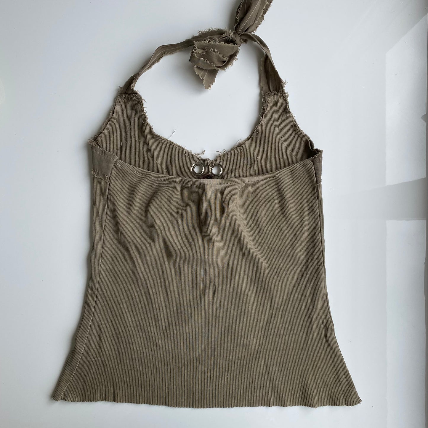 Vintage 90's Grunge Brown Halter Top with Renaissance Text Print (M)