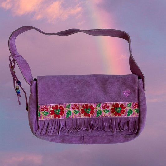 Vintage 90’s Hippie Indie Pink Suede Shoulder Bag with Fringe Details