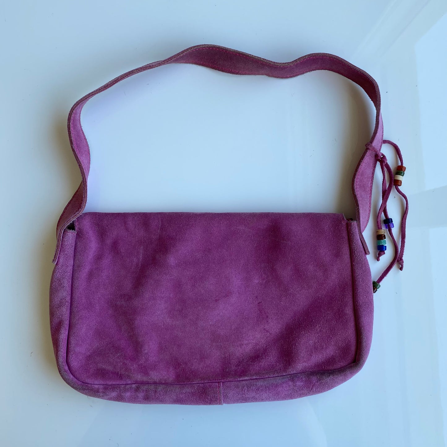 Vintage 90’s Hippie Indie Pink Suede Shoulder Bag with Fringe Details