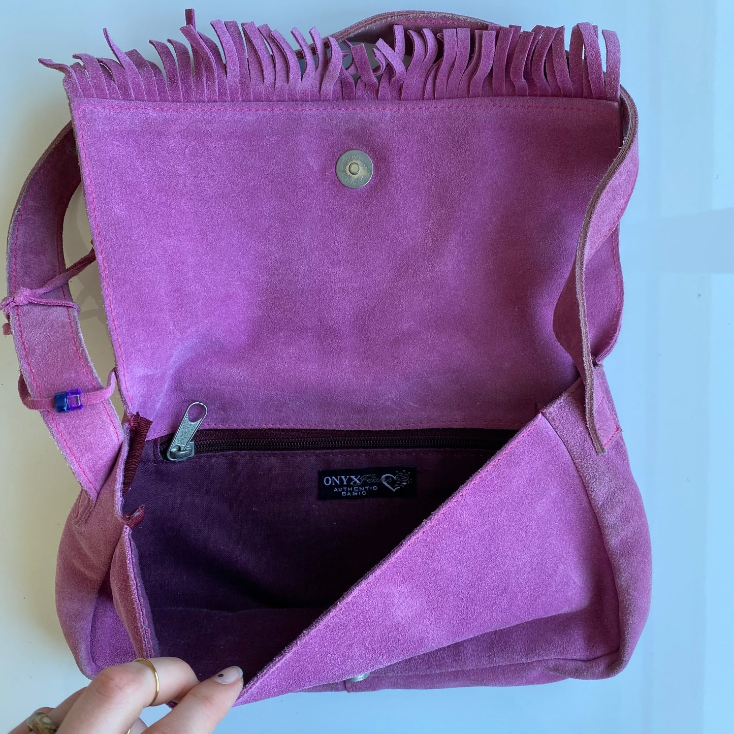 Vintage 90’s Hippie Indie Pink Suede Shoulder Bag with Fringe Details