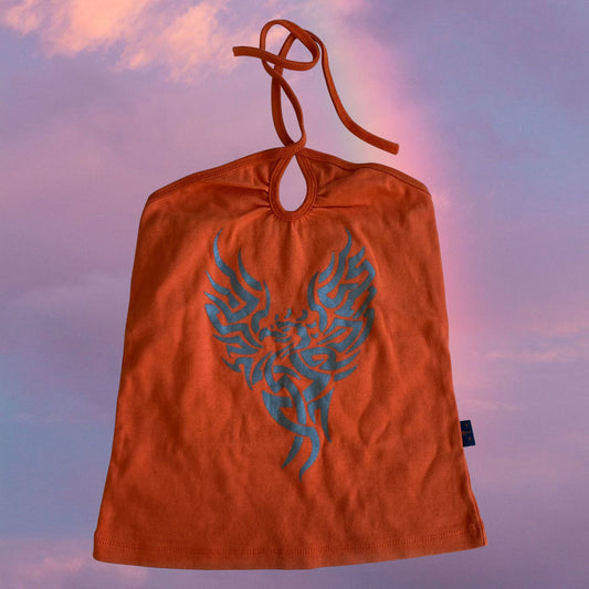 Vintage 90’s Cyber Rave Orange and Silver Tribal Halter Neck Top (XS-S)