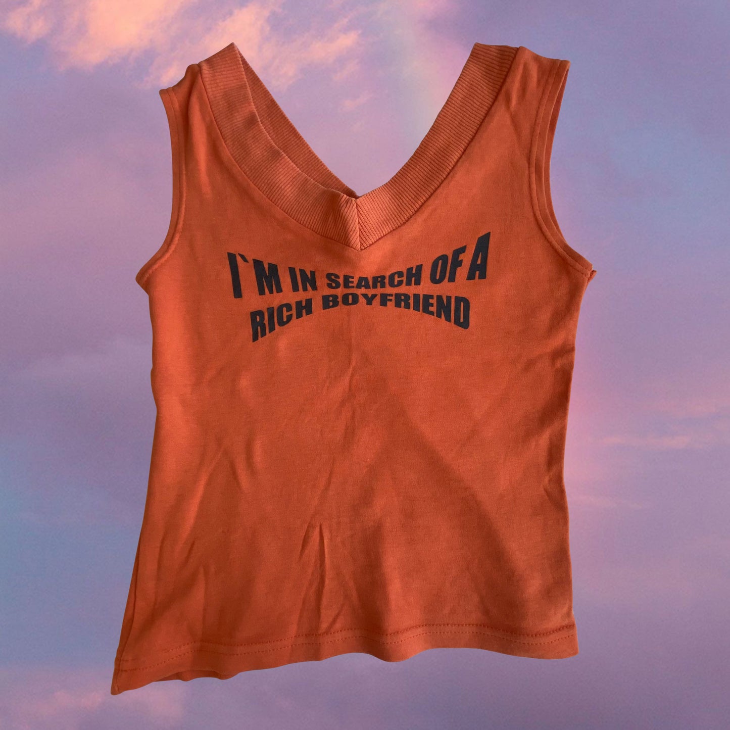 Vintage Y2K “In Search of a Rich Boyfriend” Orange Tank Top (M)