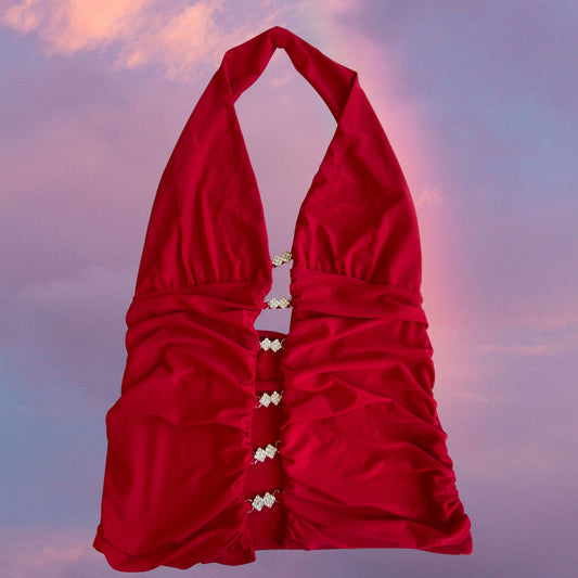 Vintage 90’s Clubwear Red Cutout Halter Neck Top with Ruching and Diamante Detail (M/L)