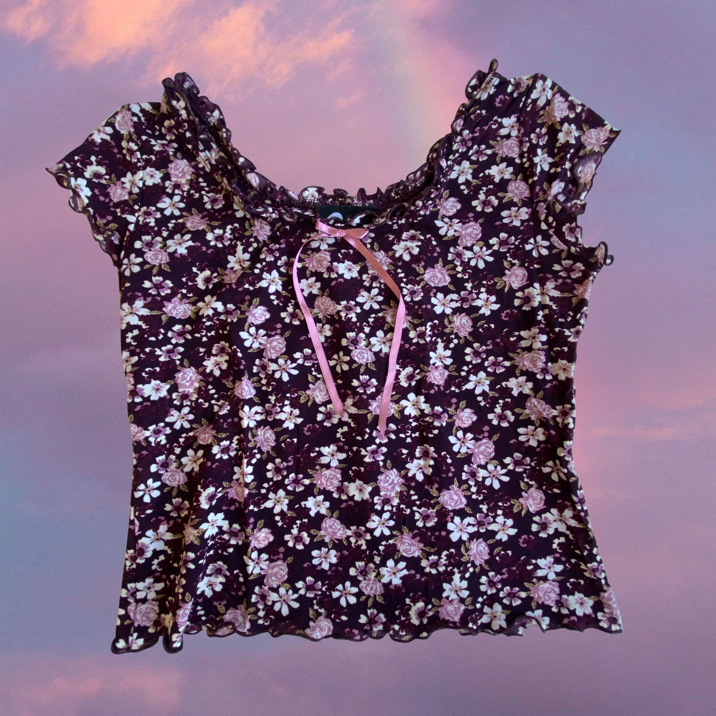 Vintage 90’s Fairy Coquette Purple Floral Mesh Milkmaid Top (S/M)