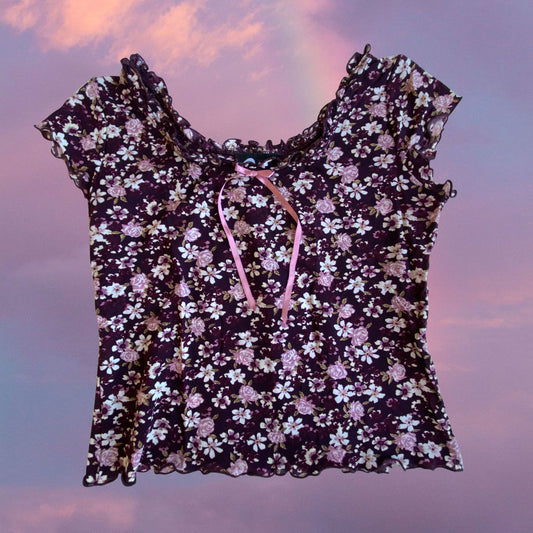 Vintage 90’s Fairy Coquette Purple Floral Mesh Milkmaid Top (S/M)