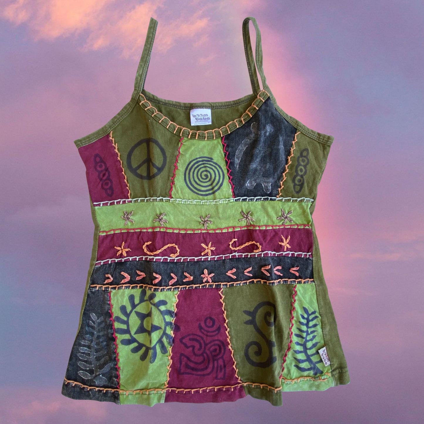 Vintage 90’s Indie Hippie Patchwork Embroidery Earthy Green Cami Top (S/M)