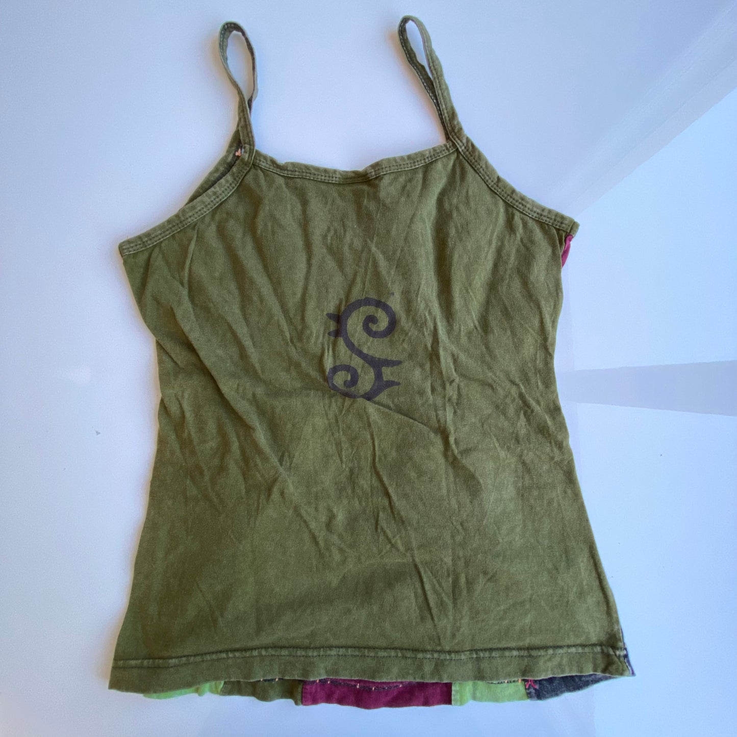 Vintage 90’s Indie Hippie Patchwork Embroidery Earthy Green Cami Top (S/M)