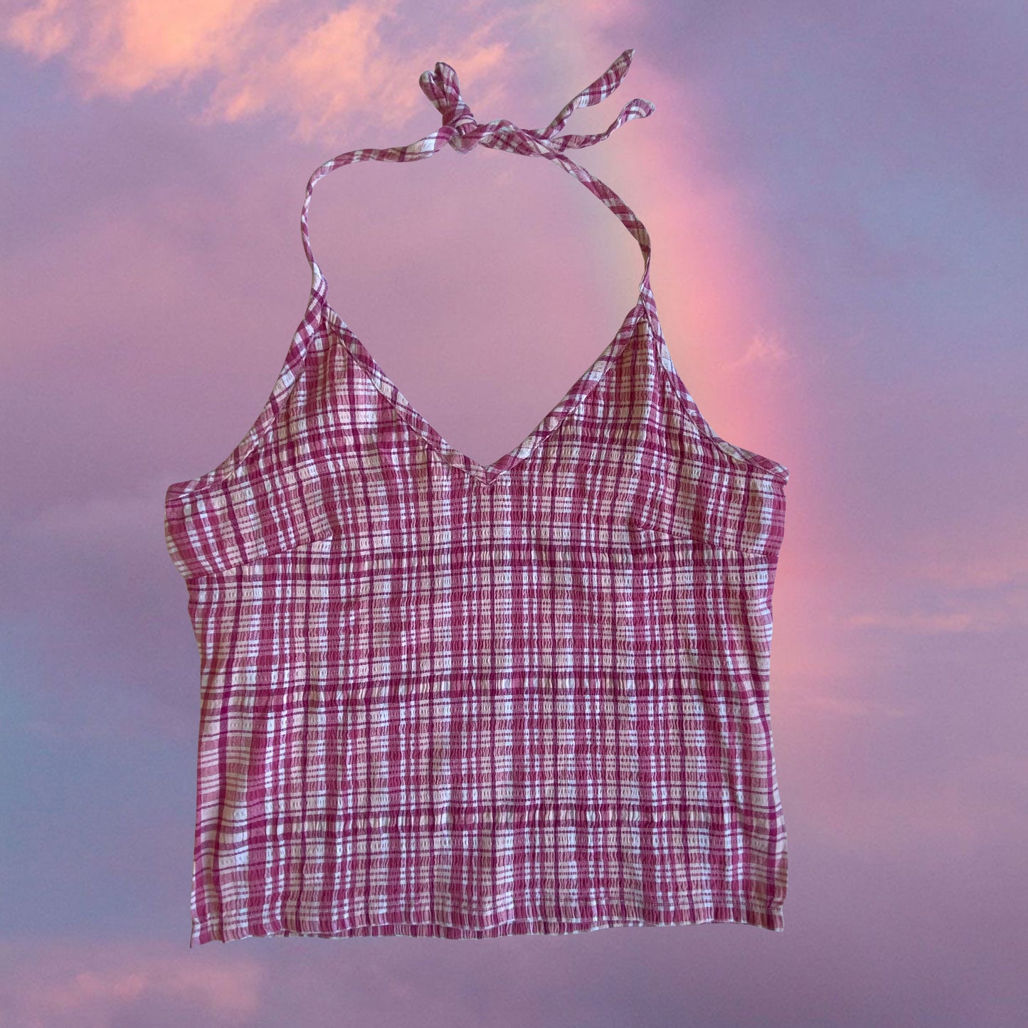 Vintage 90’s Country Pink Plaid Seersucker Halter Neck Top (M)