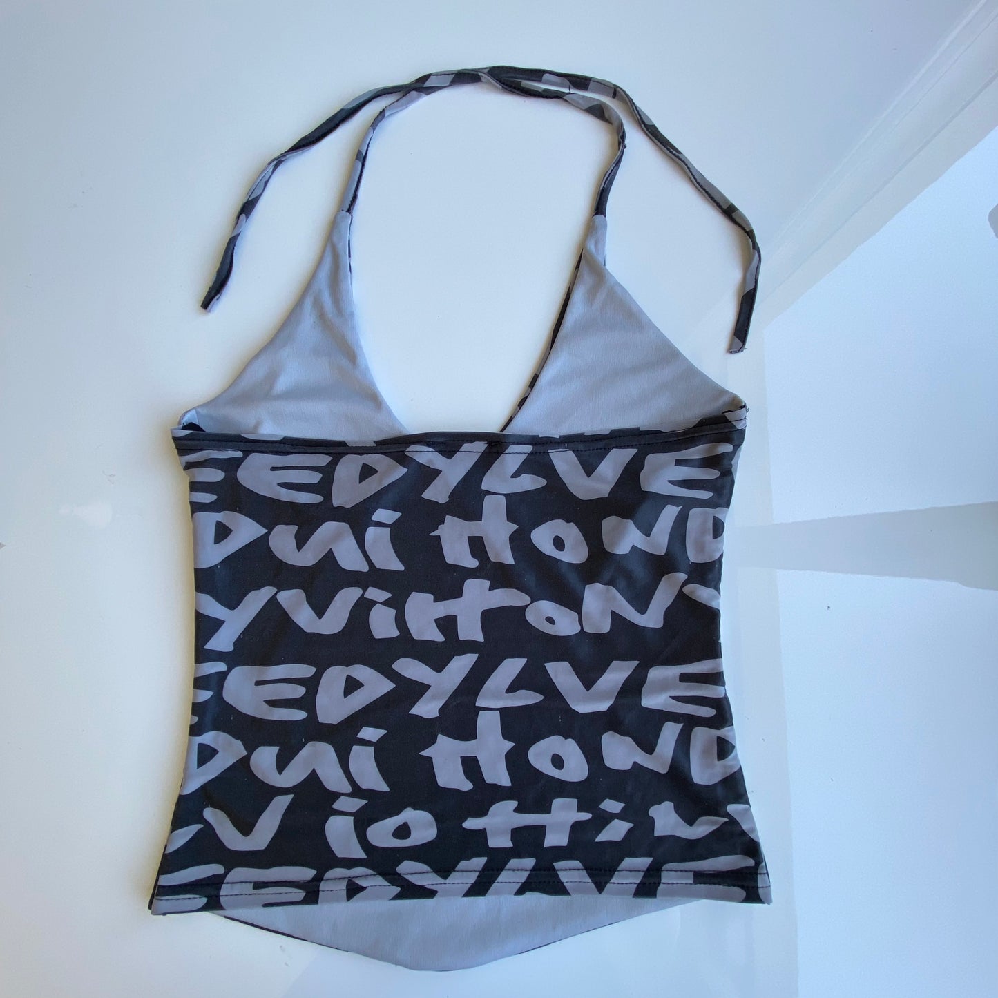 Vintage 90’s Rave Black and White Text Graphic Halter Neck Top (S)