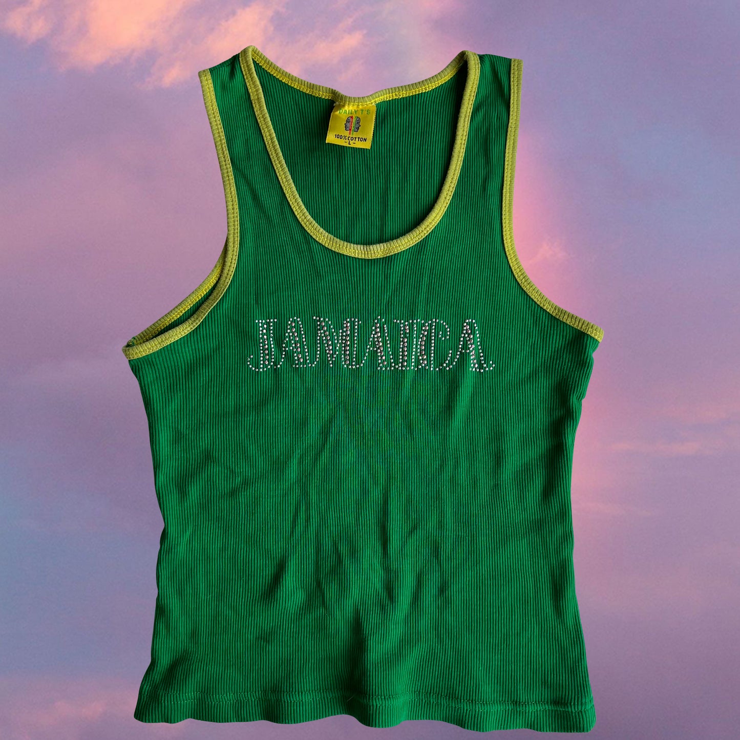 Vintage 90's Skater Green Jamaica Country Diamante Ribbed Tank Top (L)