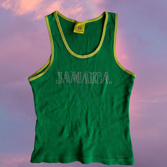 Vintage 90's Skater Green Jamaica Country Diamante Ribbed Tank Top (L)