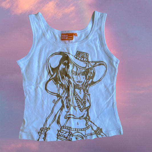 Vintage 90’s Funky Gold Cowgirl Graphic Cropped Tank Top (XXS/XS)