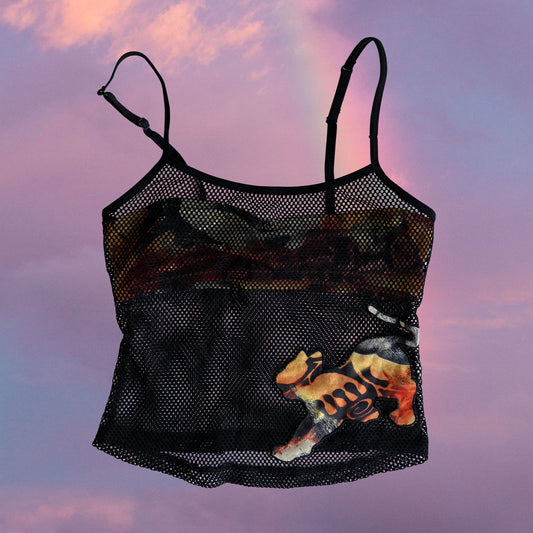 Vintage 90's Skater Rave Black Fishnet Cami Top with Orange Camo Insert (XS)